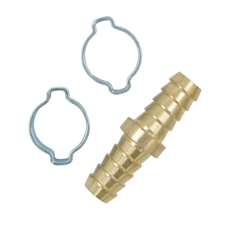 OPT-71010HH Штуцер соединительный латунный елочка-елочка 10 ? 10 мм, 2 обжимных оцинкованных стальных хомута OPTIMUS